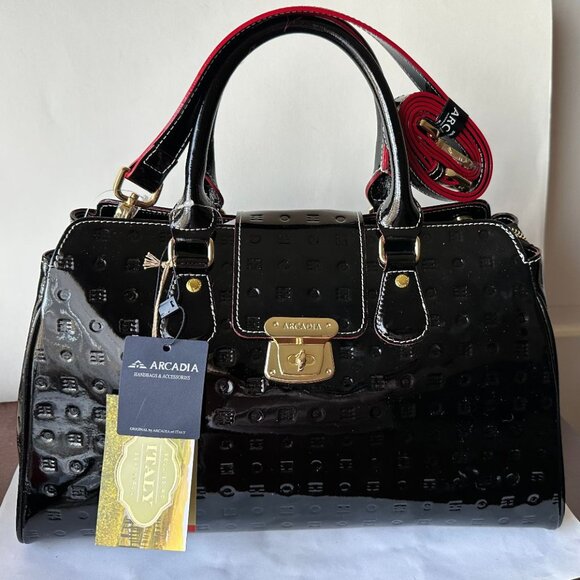 NWT $370 ARCADIA TERESA LARGE TOP HANDLE BLACK PATENT LEATHER SATCHEL
